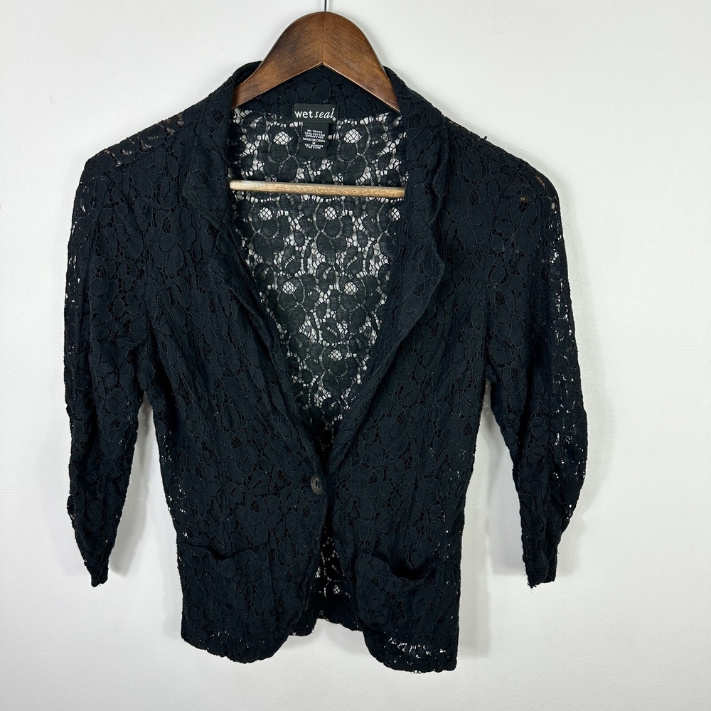 Vtg Y2K Wet Seal Black Lace Blazer Womens Medium Cropped Layering Whimsigoth